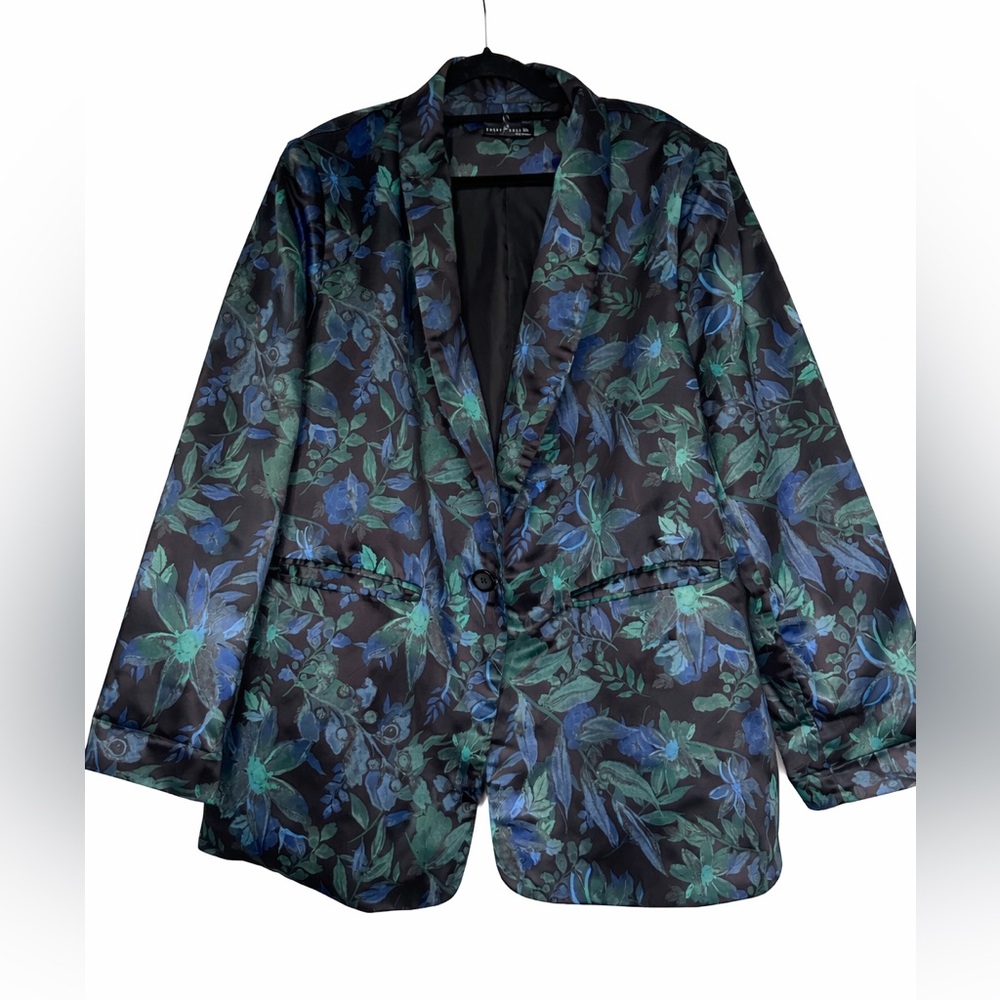Satin Black Floral Patterned Blazer Size 3XL